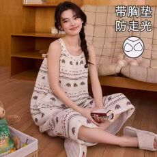 批发6花型云朵棉夏季睡衣女带胸垫背心七分裤套装甜美家居服可外穿