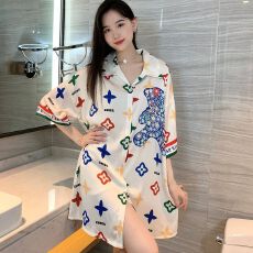 批发【13花型】<b class='q'>春</b>夏季冰丝裙翻领开衫女士睡裙华尔棉家居服可外穿睡衣