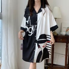 批发13花型<b class='q'>春</b>夏季冰丝裙翻领开衫女士睡裙华尔棉家居服可外穿睡衣