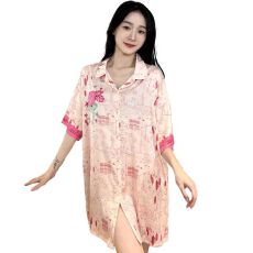 批发13花型<b class='q'>春</b>夏季冰丝裙翻领开衫女士睡裙华尔棉家居服可外穿睡衣