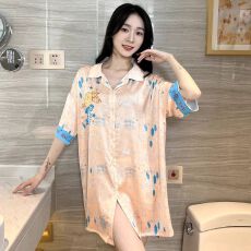 批发13花型<b class='q'>春</b>夏季冰丝裙翻领开衫女士睡裙华尔棉家居服可外穿睡衣