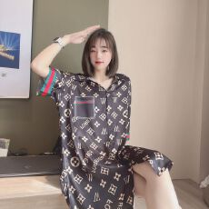 批发13花型<b class='q'>春</b>夏季冰丝裙翻领开衫女士睡裙华尔棉家居服可外穿睡衣