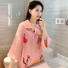 批发13花型<b class='q'>春</b>夏季冰丝裙翻领开衫女士睡裙华尔棉家居服可外穿睡衣
