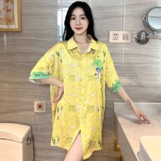 批发13花型春<b class='q'>夏</b>季冰丝裙翻领开衫女士睡裙华尔棉家居服可外穿睡衣