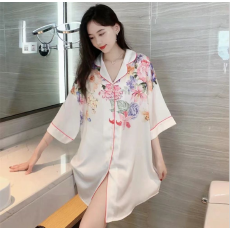 批发13花型春<b class='q'>夏</b>季冰丝裙翻领开衫女士睡裙华尔棉家居服可外穿睡衣