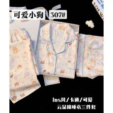 批发18花型夏季甜美<b class='q'>睡衣</b>云朵棉三件套翻领<b class='q'>睡衣</b>夏天女外穿<b class='q'>家居服</b>套装