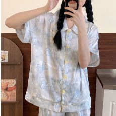 批发【实拍】冰丝 2026夏季新款美少女蓝色蝴蝶结短袖<b class='q'>家居服</b>套装