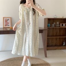 批发实拍 仿棉 韩版竖条纹肌理碎花睡裙女夏季甜美娃娃领<b class='q'>蕾丝</b>边网红