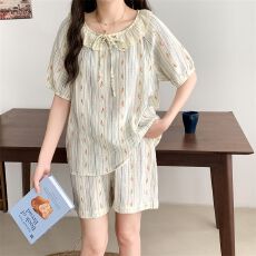 批发实拍仿棉 夏季竖条纹肌理碎花睡衣女短袖宽松<b class='q'>蕾丝</b>领家居服<b class='q'>套装</b>