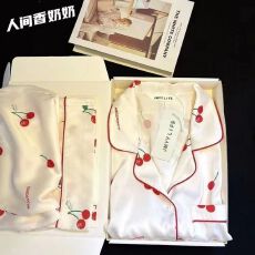 批发<b class='q'>睡衣</b>女春秋季长袖长裤开衫翻领甜美小樱桃可外穿仿真丝家居服套装