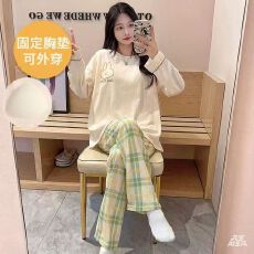 批发12花型春秋季带胸垫云朵棉<b class='q'>长袖</b>长<b class='q'>裤</b>睡衣女休闲宽松家居服套<b class='q'>装</b>
