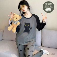 批发12花型春秋季带胸垫云朵棉长袖长裤睡衣女休闲宽松家居服套<b class='q'>装</b>