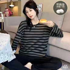 批发12花型春秋季带胸垫云朵棉长袖长裤睡衣女休闲宽松家居服套<b class='q'>装</b>