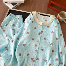 批发【实拍】云朵棉 甜美蓝色<b class='q'>小熊</b>花边长袖睡衣女春秋2026新款家居服