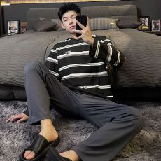 批发<b class='q'>睡衣</b><b class='q'>男</b>春秋新款拉架仿棉<b class='q'>男</b>士<b class='q'>睡衣</b>套头双口袋休闲家居服套装