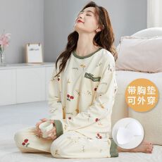 批发春秋新款睡衣女带胸垫仿棉套装<b class='q'>长袖</b>家居服秋季休闲圆领<b class='q'>大码</b>可外穿