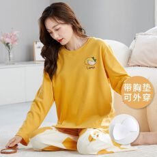 批发春秋新款睡衣女带胸垫仿棉套装<b class='q'>长袖</b>家居服秋季休闲圆领<b class='q'>大码</b>可外穿