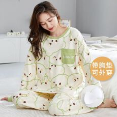 批发春秋新款睡衣女带胸垫仿棉套装<b class='q'>长袖</b>家居服秋季休闲圆领<b class='q'>大码</b>可外穿