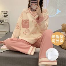 批发春秋新款睡衣女带胸垫仿棉套装<b class='q'>长袖</b>家居服秋季休闲圆领<b class='q'>大码</b>可外穿