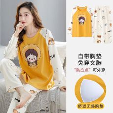 批发春秋新款睡衣女带胸垫仿棉套装<b class='q'>长袖</b>家居服秋季休闲圆领<b class='q'>大码</b>可外穿