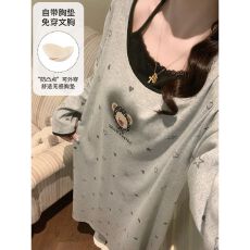 批发秋季新款睡衣女拉架仿棉套头长袖<b class='q'>睡裙</b>固定胸垫<b class='q'>公主</b>风甜美家居服