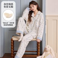 批发仿棉睡衣女秋<b class='q'>冬</b>季新款带胸垫可爱卡通翻领开衫长袖长裤家居服套装