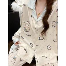 26花型 240克螺纹德绒秋冬季甜美卡通翻领开衫睡衣女士家居服