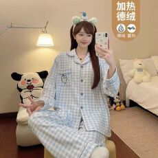 26花型 240克螺纹德绒秋冬季甜美卡通翻领开衫睡衣女士家居服