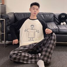 批发秋季新款睡衣男士拉架仿棉圆领套头长袖长裤舒适宽松家居服套装