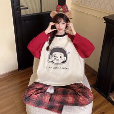 批发秋季新款睡衣女士拉架仿棉圆领套头长袖长裤舒适宽松家居服套装