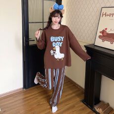 批发秋季新款睡衣女士拉架仿棉圆领套头长袖长裤舒适宽松家居服套装