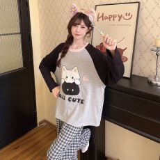 批发秋季新款睡衣女士拉架仿棉圆领套头长袖长裤舒适宽松家居服套装