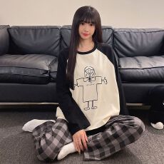 批发秋季新款睡衣女士拉架仿棉圆领套头长袖长裤舒适宽松家居服套装