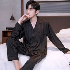 批发春秋季新款长袖仿真丝睡衣男提花翻领四季冰丝绸高级感家居服套装