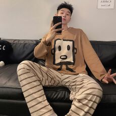 批发秋季新款睡衣男士拉架仿棉圆领套头长袖长裤舒适宽松家居服套装