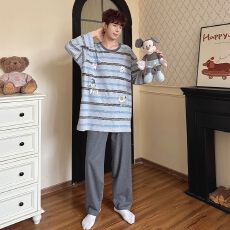 批发秋季新款睡衣男士拉架仿棉圆领套头长袖长裤舒适宽松家居服套装