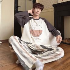 批发秋季新款睡衣男士拉架仿棉圆领套头长袖长裤舒适宽松家居服套装