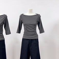 批发实物实拍 帆船领七分<b class='q'>袖</b><b class='q'>T</b><b class='q'>恤</b>女夏五分<b class='q'>袖</b>修身辣妹灰色中<b class='q'>袖</b>百搭上衣