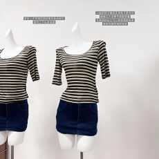 批发实物实拍 巧儿吸氧计划莱赛尔天丝条纹中<b class='q'>袖</b><b class='q'>T</b><b class='q'>恤</b>显瘦五分<b class='q'>袖</b>U领上衣