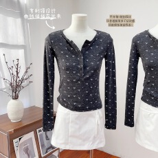 实物实拍 磨毛修身内搭长袖亨利领打底衫女碎花针织上衣