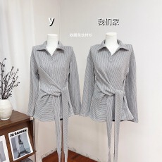 批发实物实拍 系带收腰条纹衬衫女秋<b class='q'>冬</b>宽松休闲慵懒风polo领针织上衣
