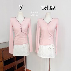 批发实物实拍 C位打底 格纹拼接V领长袖T恤女修身显瘦内搭打底衫<b class='q'>上衣</b>