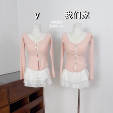 批发实物实拍 秋季甜美纯欲风修身显瘦上衣假两件蝴蝶结<b class='q'>打底衫</b>