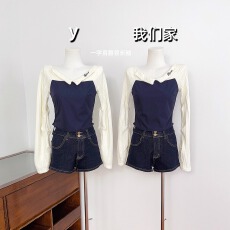 批发实物实拍 针织撞色一字肩衬衫翻领拼接假两件长袖上衣小众设计感