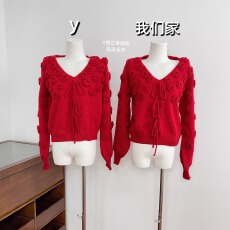 批发实物实拍 法式慵懒温柔风<b class='q'>手工</b>钩花<b class='q'>毛衣</b>高腰V领针织上衣