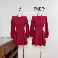 批发实物实拍 红色长袖连衣裙小个子订婚圣诞<b class='q'>敬酒</b><b class='q'>礼服</b>miu系千金高级感
