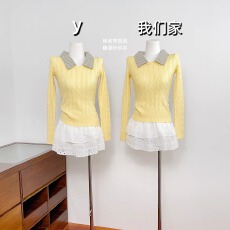 批发实物实拍 黄色v领麻花拼条纹假两件毛衣针织衫女款<b class='q'>冬</b>季内搭上衣