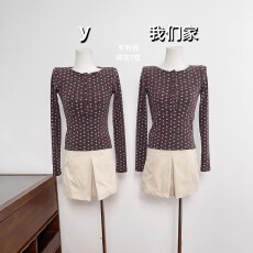 批发实物实拍 亨利领纽扣碎花长袖T恤上衣秋<b class='q'>冬</b>修身显瘦打底衫