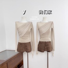 批发设计优雅知性针织拼接长袖女秋<b class='q'>冬</b>修身褶皱飘带上衣绝美T恤