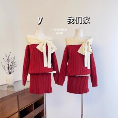 批发实物实拍 红色穿搭一字肩包臀长袖针织连衣裙女<b class='q'>冬</b>露肩包臀短裙子
